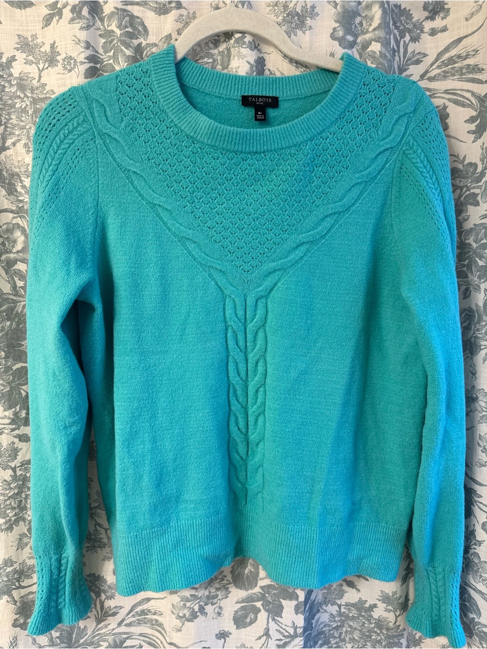 Talbots Teal Cable-Front Crewneck Sweater